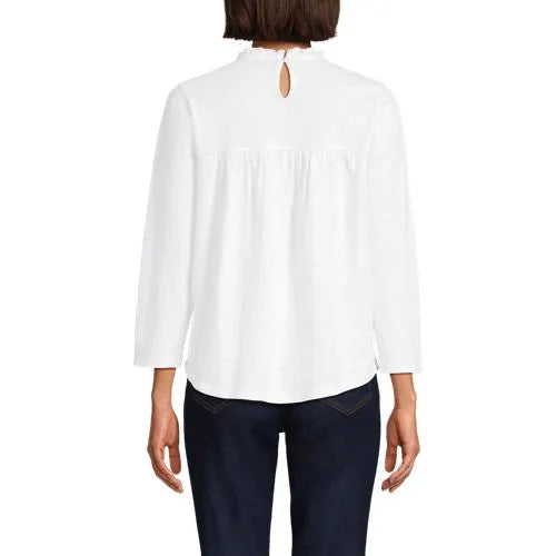 Women's 3/4 Sleeve Cotton Slub Lace Trim Top
