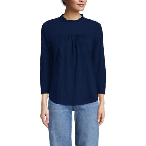 Women's 3/4 Sleeve Cotton Slub Lace Trim Top