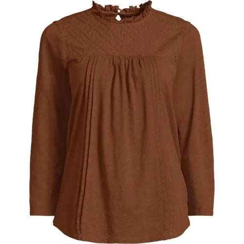 Women's 3/4 Sleeve Cotton Slub Lace Trim Top