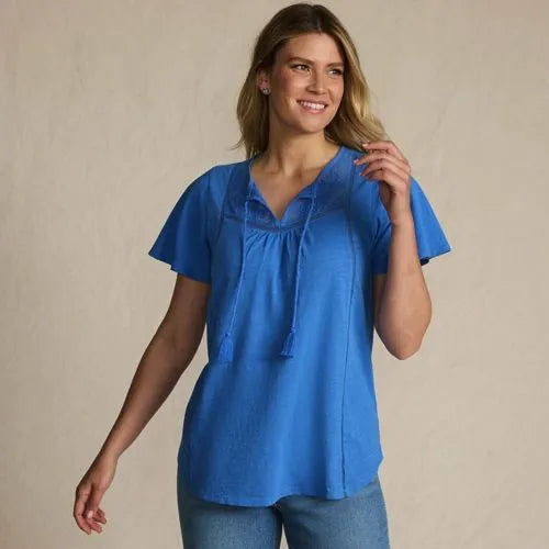 Women's Slub Flutter Sleeve Lace Trim Notch Neck Tunic Top