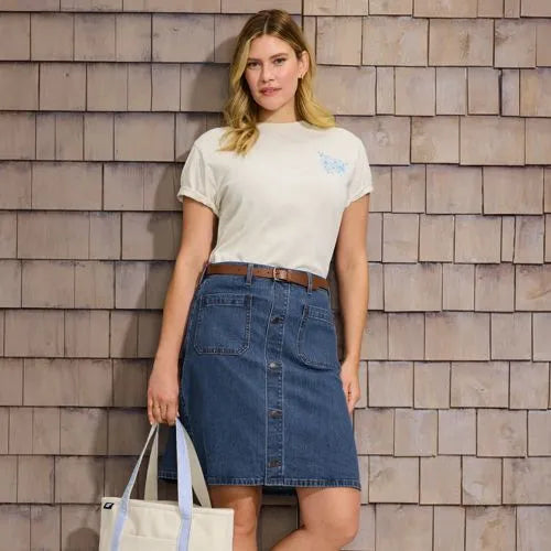 Women's Soft Denim Mid Rise Button Through Above the Knee Skirt