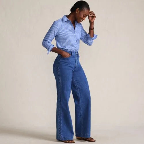 Women's Soft Denim High Rise Wide Leg Braided Jeans