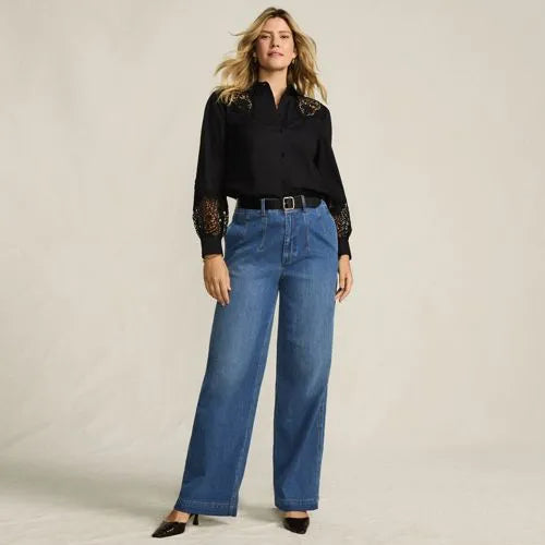 Women's Soft Denim High Rise Wide Leg Top Stitch Trousers