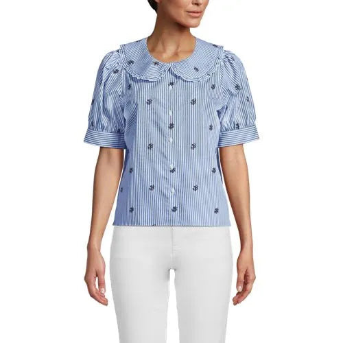Women's Carefree Cotton Puff Sleeve Statement Collar Shirt