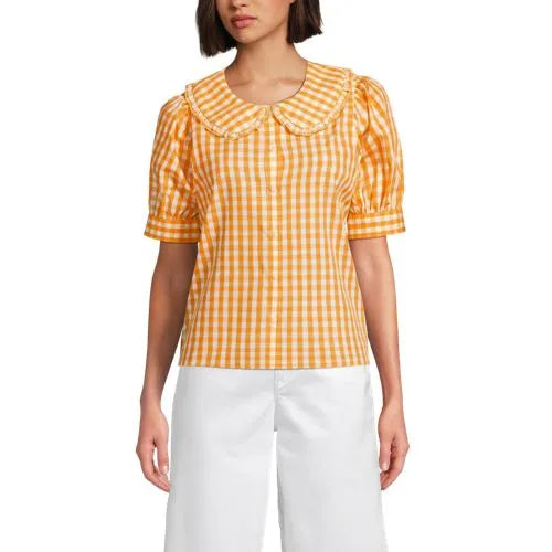 Women's Carefree Cotton Puff Sleeve Statement Collar Shirt