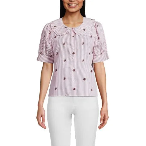 Women's Carefree Cotton Puff Sleeve Statement Collar Shirt