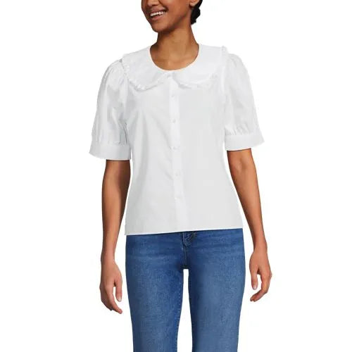 Women's Carefree Cotton Puff Sleeve Statement Collar Shirt
