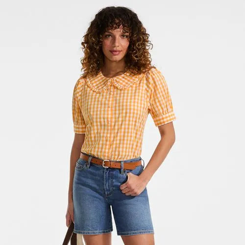Women's Carefree Cotton Puff Sleeve Statement Collar Shirt