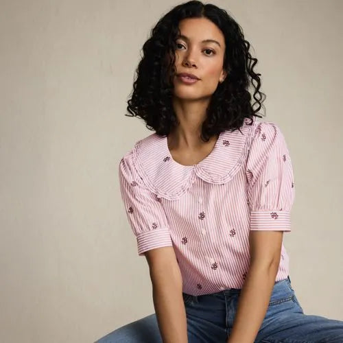 Women's Carefree Cotton Puff Sleeve Statement Collar Shirt