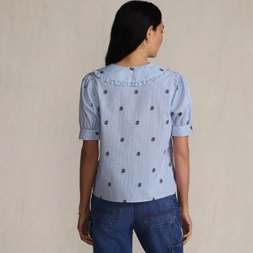 Women's Carefree Cotton Puff Sleeve Statement Collar Shirt