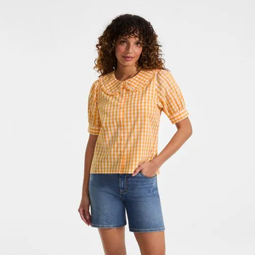 Women's Carefree Cotton Puff Sleeve Statement Collar Shirt