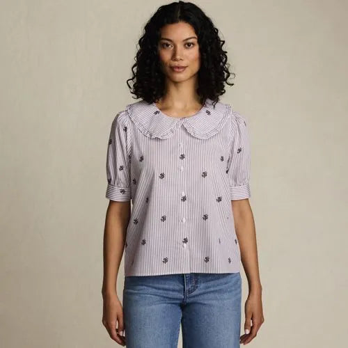 Women's Carefree Cotton Puff Sleeve Statement Collar Shirt
