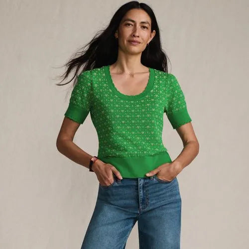 Women's Fine Gauge Cotton Jacquard Scoop Neck Sweater