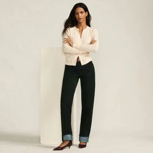 Women's Flocked Denim Mid Rise Relaxed Straight Leg Cuff Jeans