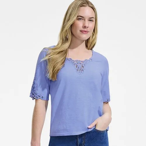 Women's Elbow Sleeve Slub Lace Trim T-Shirt