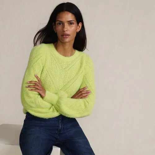 Women's Eyelash Fuzzy Pointelle Puff Sleeve Sweater