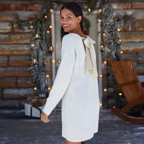 Women's Fuzzy Bow Back Mini Sweater Dress