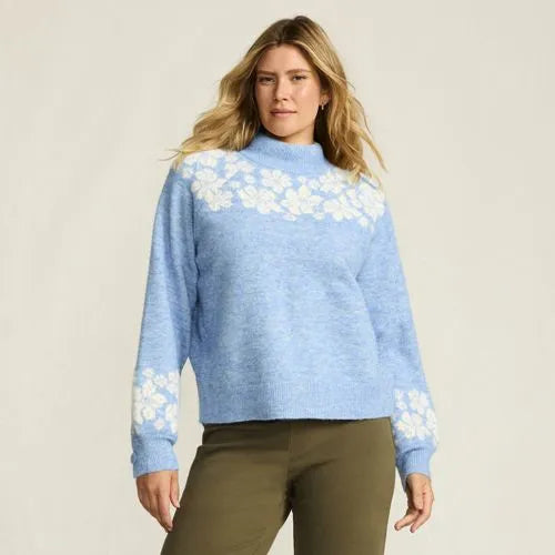 Women's Fuzzy Turtleneck Lantern Sleeve Jacquard Sweater