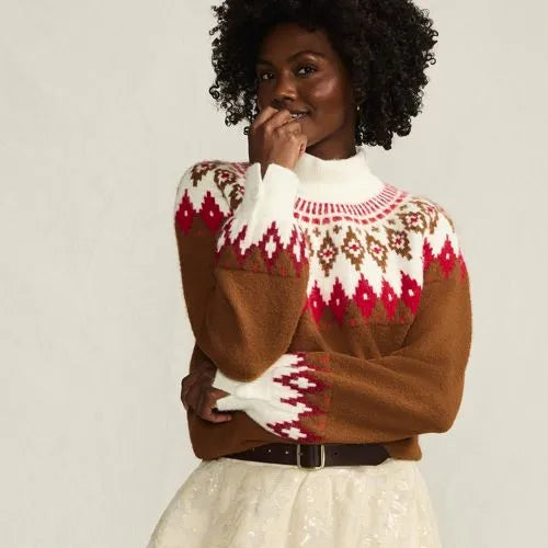 Women's Fuzzy Turtleneck Lantern Sleeve Jacquard Sweater