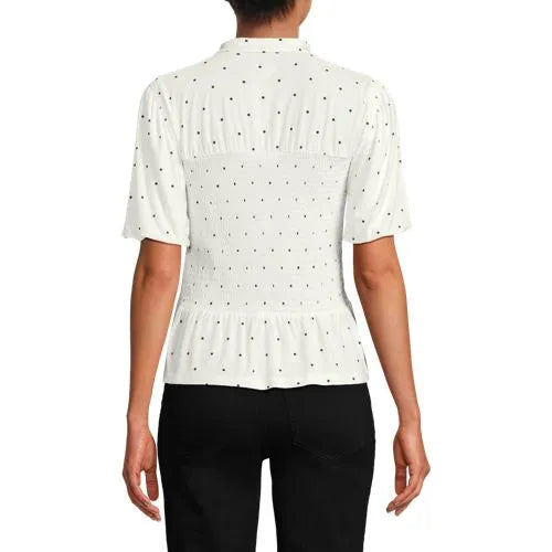 Women's Bubble Sleeve Silky Knit Smocked Mock Neck Top
