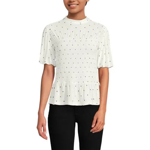 Women's Bubble Sleeve Silky Knit Smocked Mock Neck Top