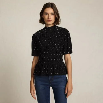 Women's Bubble Sleeve Silky Knit Smocked Mock Neck Top