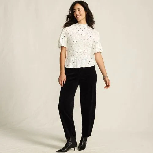 Women's Bubble Sleeve Silky Knit Smocked Mock Neck Top