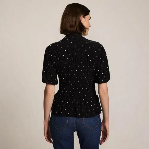 Women's Bubble Sleeve Silky Knit Smocked Mock Neck Top