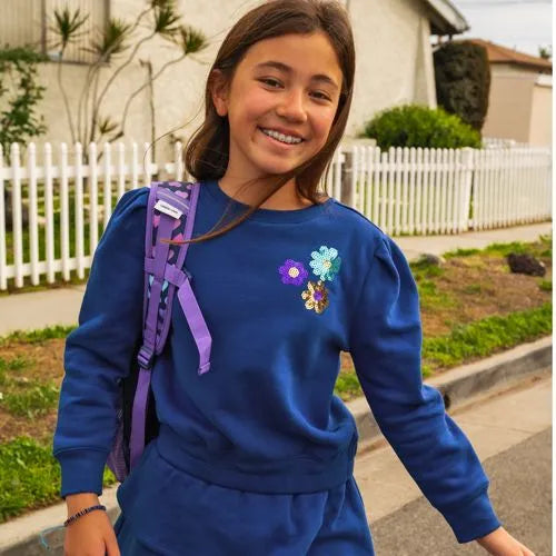 Girls Puff Shoulder Crew Neck Sweatshirt