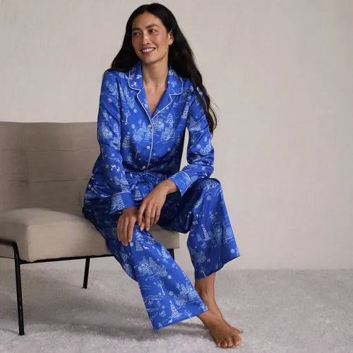 Women's Satin 2 Piece Pajama Set - Long Sleeve Top and Wide Leg Pants
