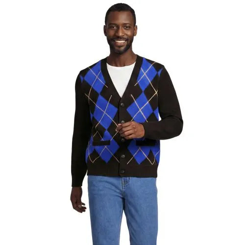 Men's Long Sleeve Fuzzy Argyle Cardigan Sweater