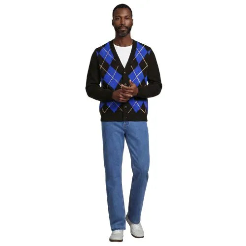 Men's Long Sleeve Fuzzy Argyle Cardigan Sweater