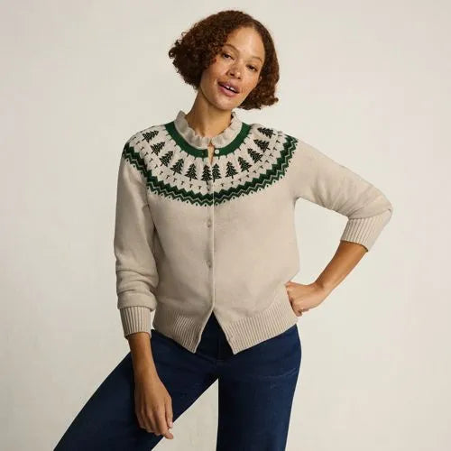 Women's Drifter Lurex Ruffle Neck Jacquard Cardigan Sweater