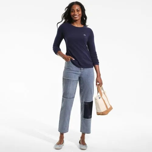 Women's Soft Denim Mid Rise Relaxed Straight Crop Patchwork Jeans
