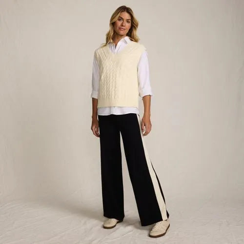 Women's Fine Gauge Cotton Side Stripe Wide Leg Sweater Pants