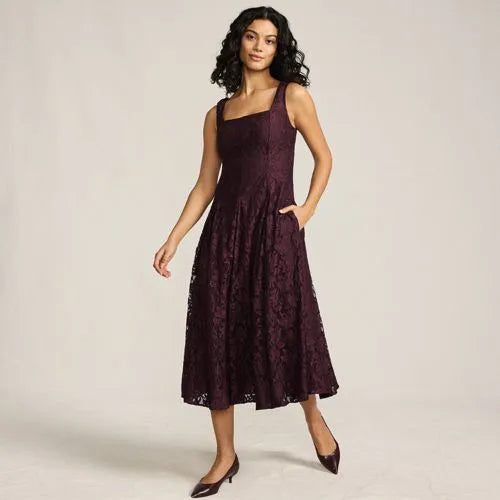 Women's Lace Pleated Square Neck Midi Dress