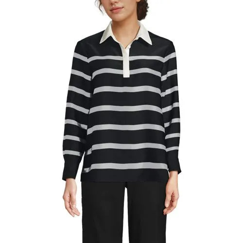 Women's Charmeuse Long Sleeve Contrast Collar Blouse
