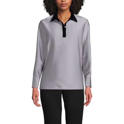 Women's Charmeuse Long Sleeve Contrast Collar Blouse