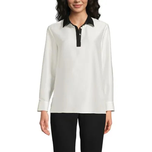 Women's Charmeuse Long Sleeve Contrast Collar Blouse