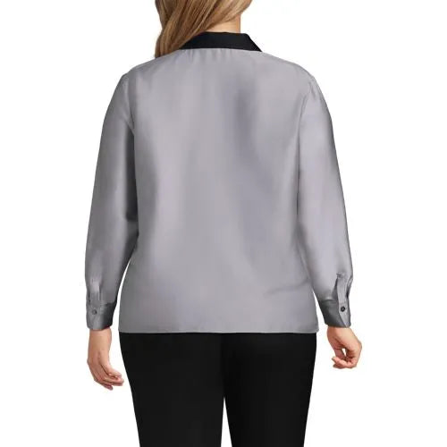 Women's Charmeuse Long Sleeve Contrast Collar Blouse