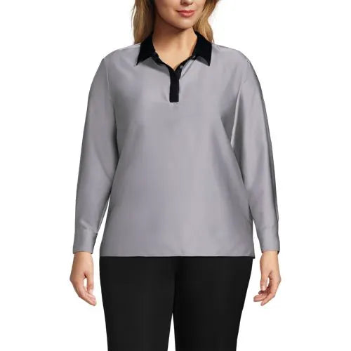 Women's Charmeuse Long Sleeve Contrast Collar Blouse