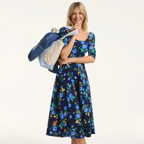 Women's Starfish Elbow Sleeve Midi Fit and Flare Dress