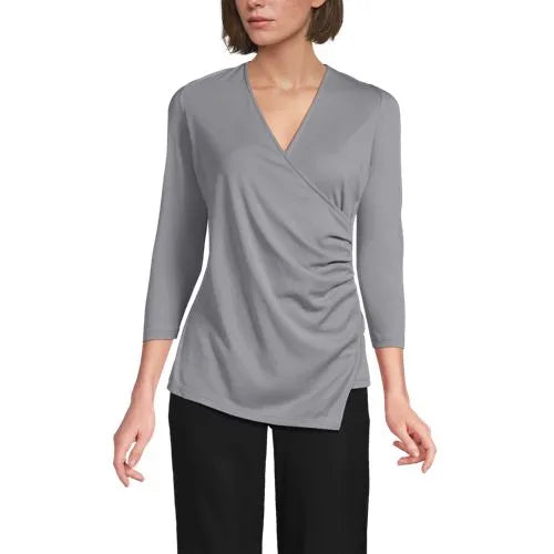 School Uniform Women's Supima Micro Modal 3/4 Vneck Surplice Tunic Top