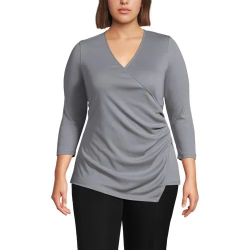 School Uniform Women's Supima Micro Modal 3/4 Vneck Surplice Tunic Top