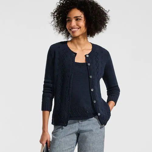 Women's Pointelle Crew Neck Cardigan Sweater
