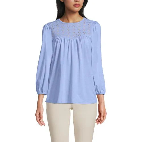 Women's 3/4 Sleeve Eyelet Mix Flowy Top