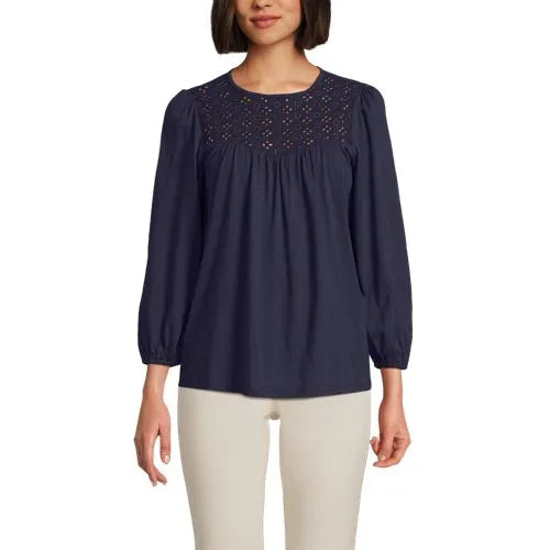 Women's 3/4 Sleeve Eyelet Mix Flowy Top