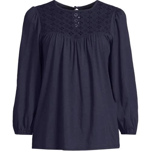 Women's 3/4 Sleeve Eyelet Mix Flowy Top