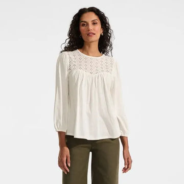 Women's 3/4 Sleeve Eyelet Mix Flowy Top