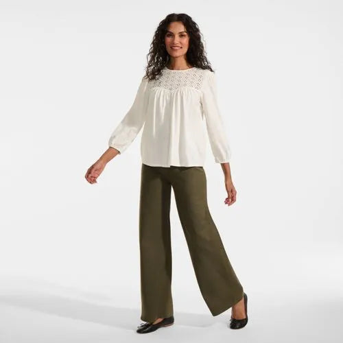 Women's 3/4 Sleeve Eyelet Mix Flowy Top